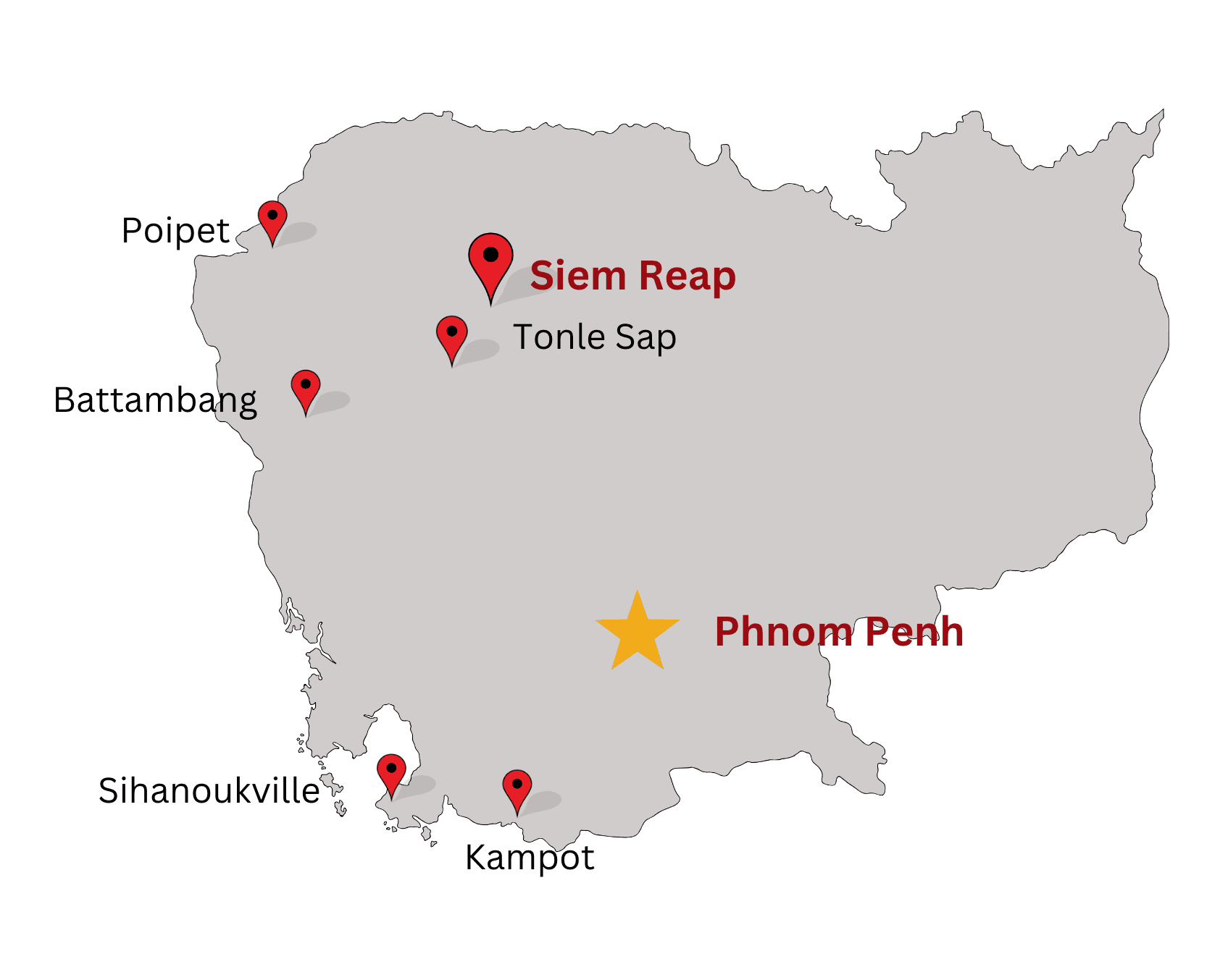 Map of Cambodia with pins at Phnom Penh, Siem Reap, Tonle Sap, Battambang, Poipet, Sihanoukville and Kampot