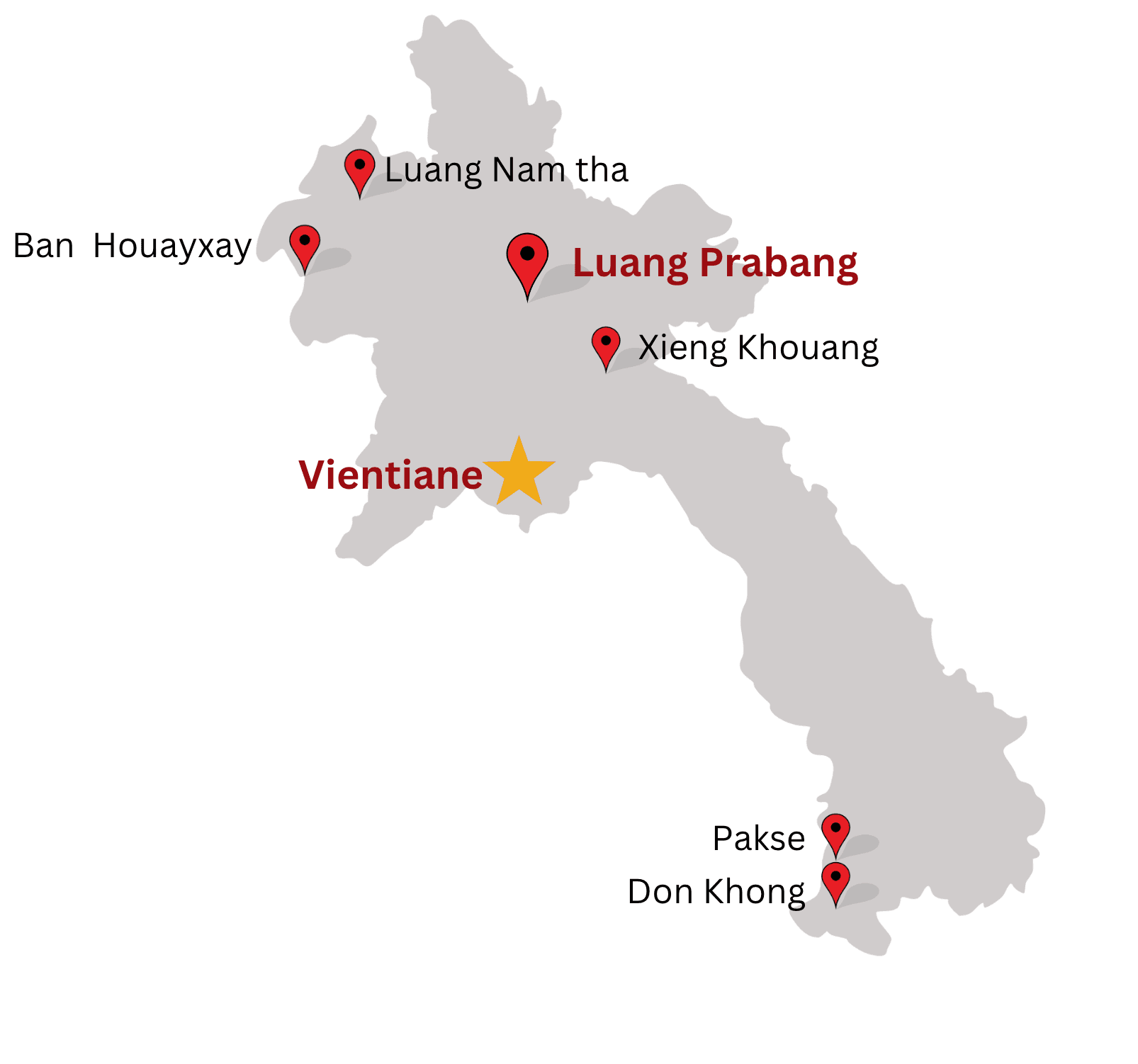 Map of Laos with pins at Vientiane, Luang Prabang, Luang Nam Tha, Ban Houayxay, Xieng Khouang, Pakse and Don Khong