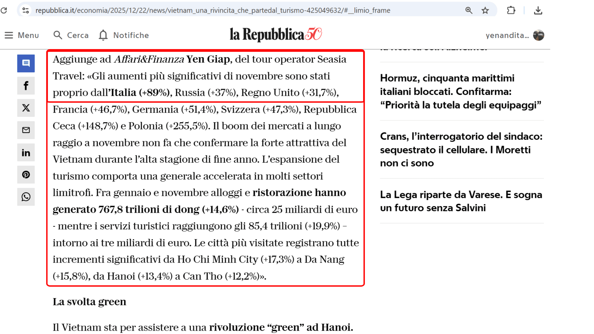 la Repubblica, Affari & Finanza — la dichiarazione di Yen Giap, SEASIA Travel