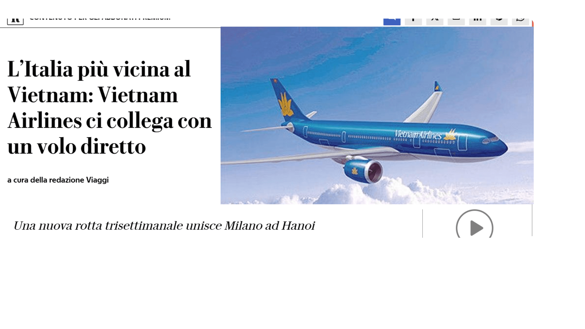 la Repubblica — L'Italia più vicina al Vietnam: Vietnam Airlines ci collega con un volo diretto