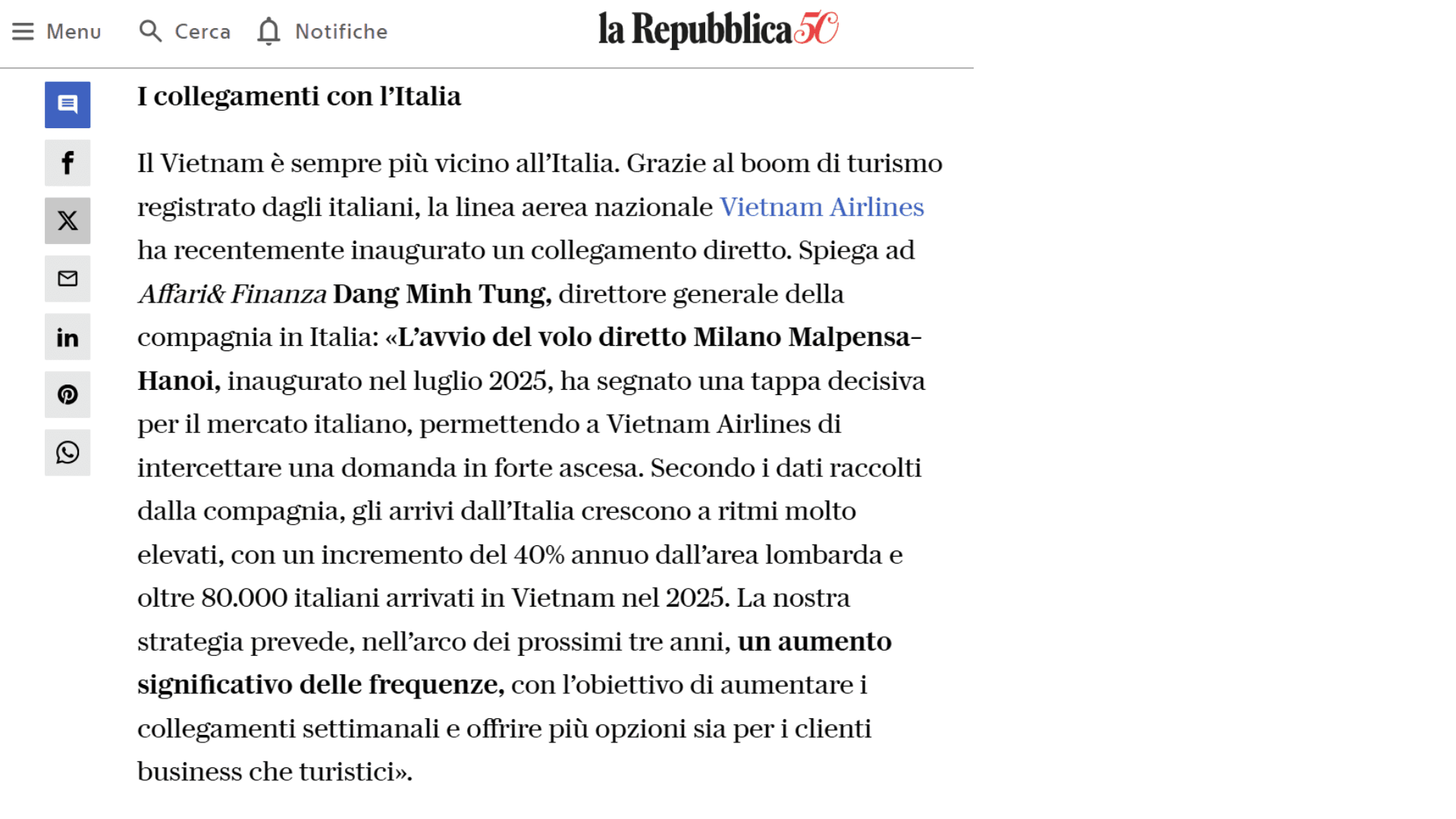 la Repubblica — I collegamenti con l'Italia