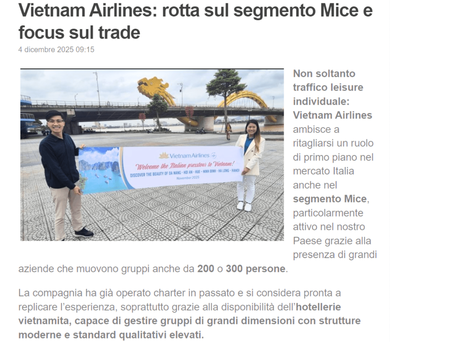 Travel Quotidiano — Vietnam Airlines: rotta sul segmento Mice e focus sul trade